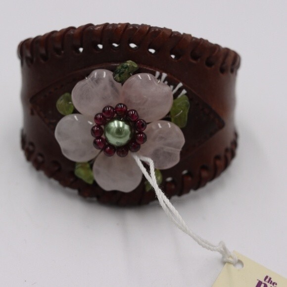 The Purple Door Leather Stone Bead Flower Cuff Adjustable Bracelet Boho - Picture 4 of 9